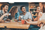 group people lauging drinking coffee